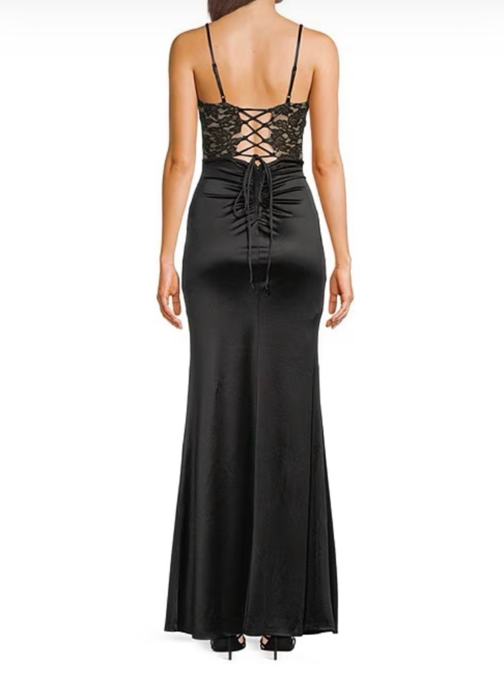 New Emerald Sundae Lace Bodice Side Slit Ruffle Satin Mermaid Gown - Picture 6 of 13